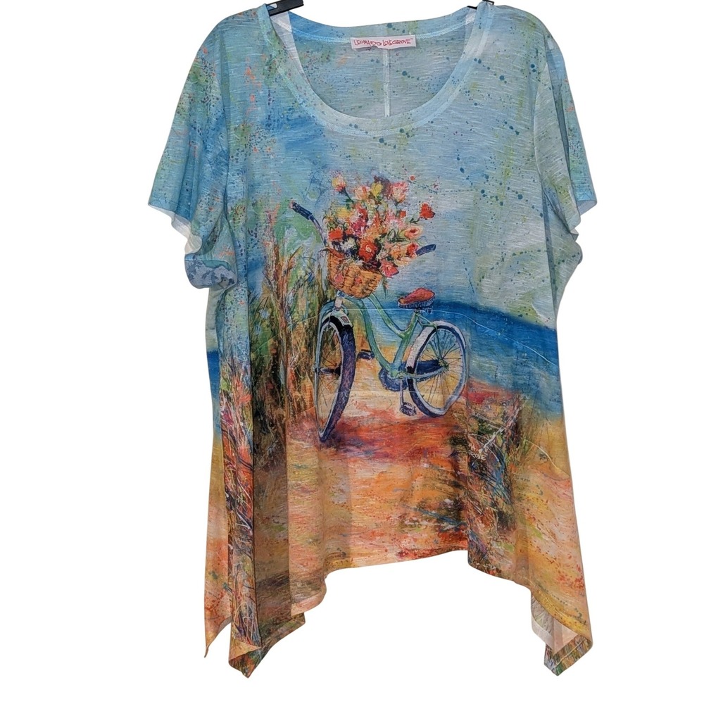 Leoma Lovegrove Beach Bicycle Floral Art Print‎ Sharkbite Top Blue XXL